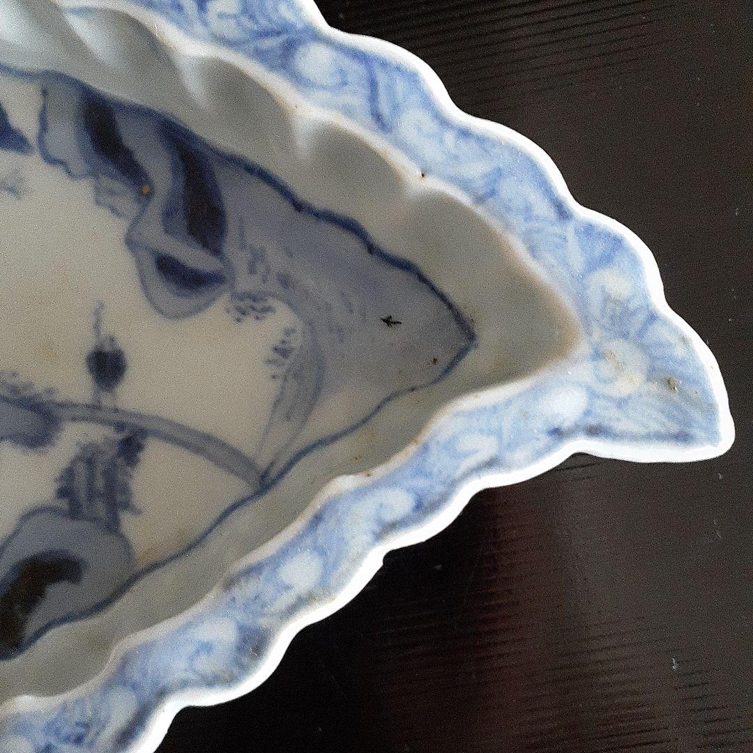 古染め付け3本獣足染め付け山水楼閣紋高台皿