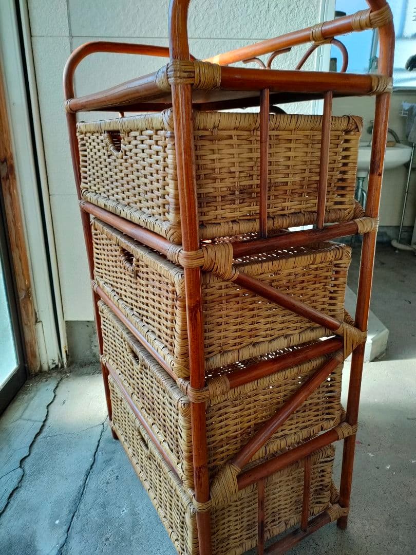 ●ヴィンテージ 籐 ラタン 4段 チェスト天然素材引き出しアジアン家具 和モダン