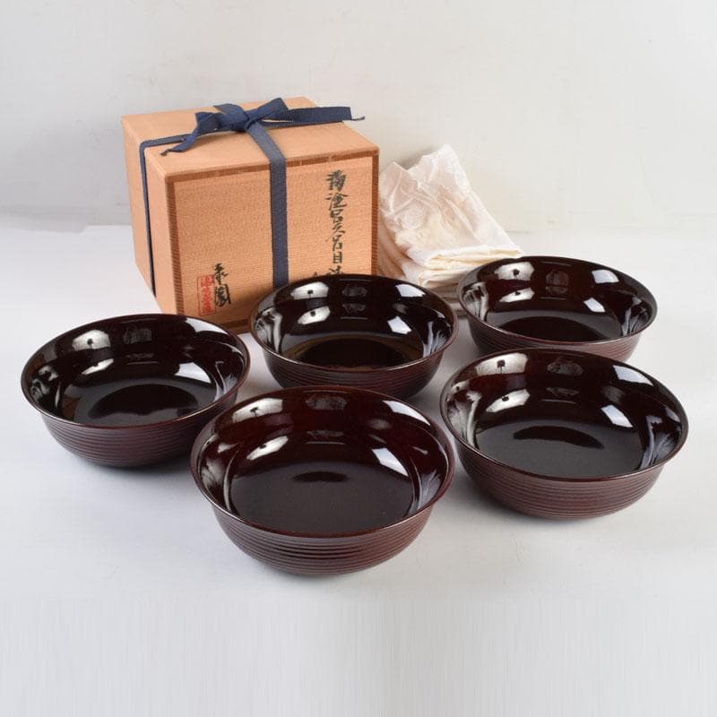 和食器　茶懐石　岡本漆専堂造　溜塗　呂久呂目鉢　五客　共箱　V　8935