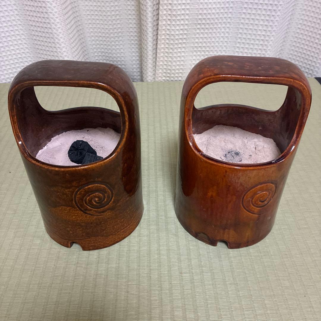 手焙一対　手炉　大樋焼　撫山作