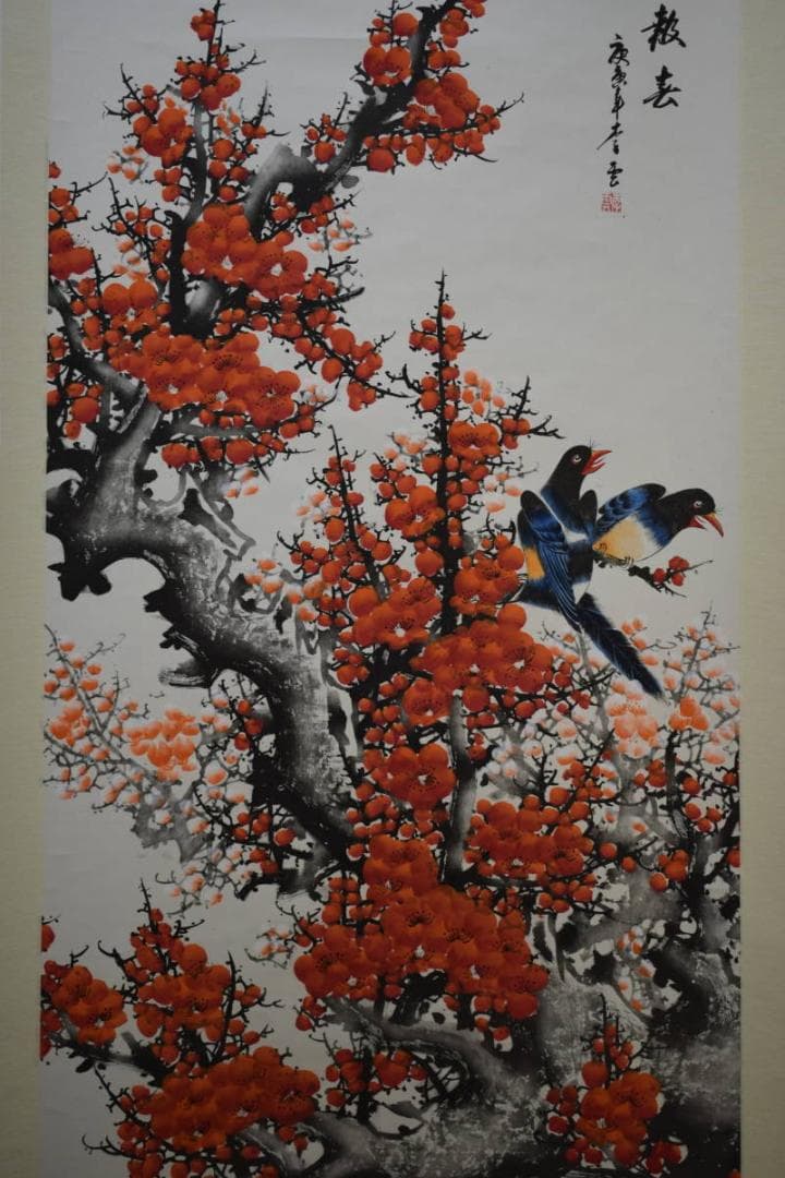 真作/李雲/紅白梅小禽図/布袋屋掛軸HE-458