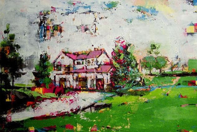 油絵 菅家令子 絵 絵画インテリア額付(青緑＋金色の枠) F6-060704風景