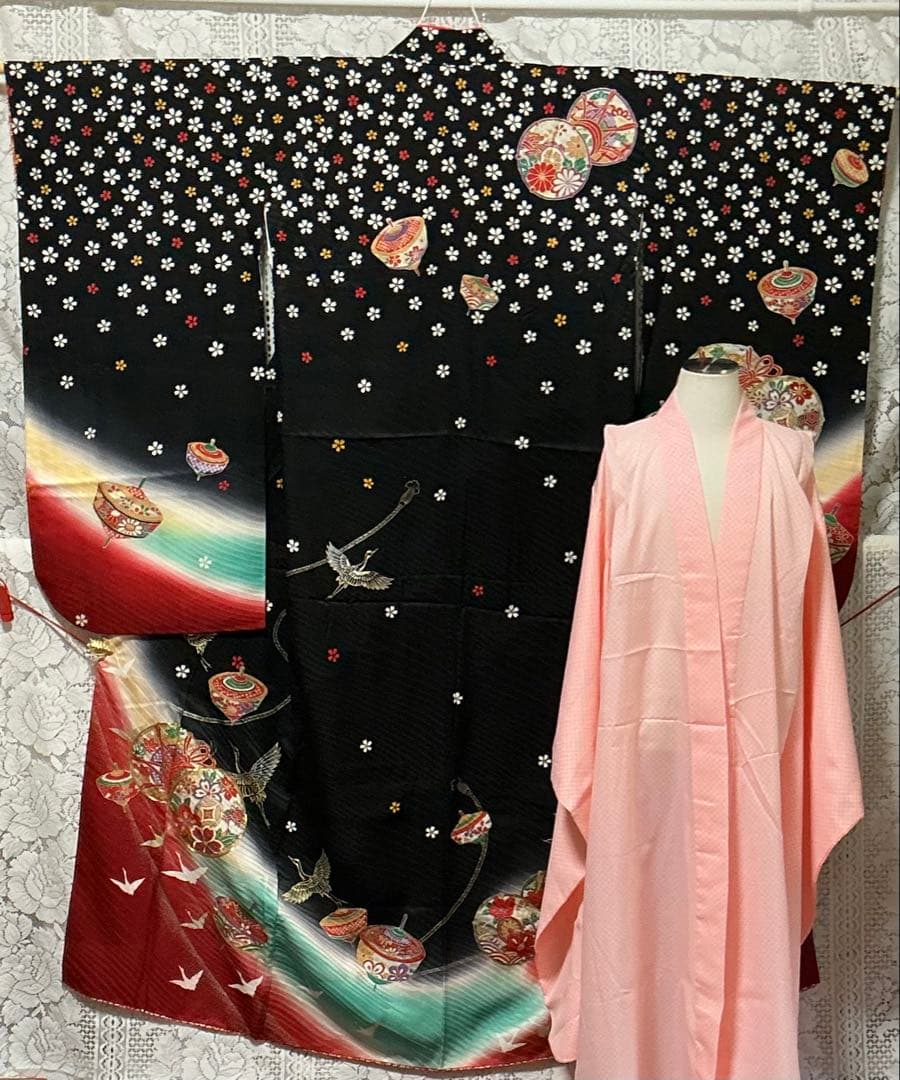 【中古】七五三女の子　四ツ身着物　長襦袢　作り帯　帯揚げ　帯締め　しごき　箱せこ