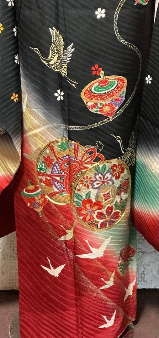 【中古】七五三女の子　四ツ身着物　長襦袢　作り帯　帯揚げ　帯締め　しごき　箱せこ