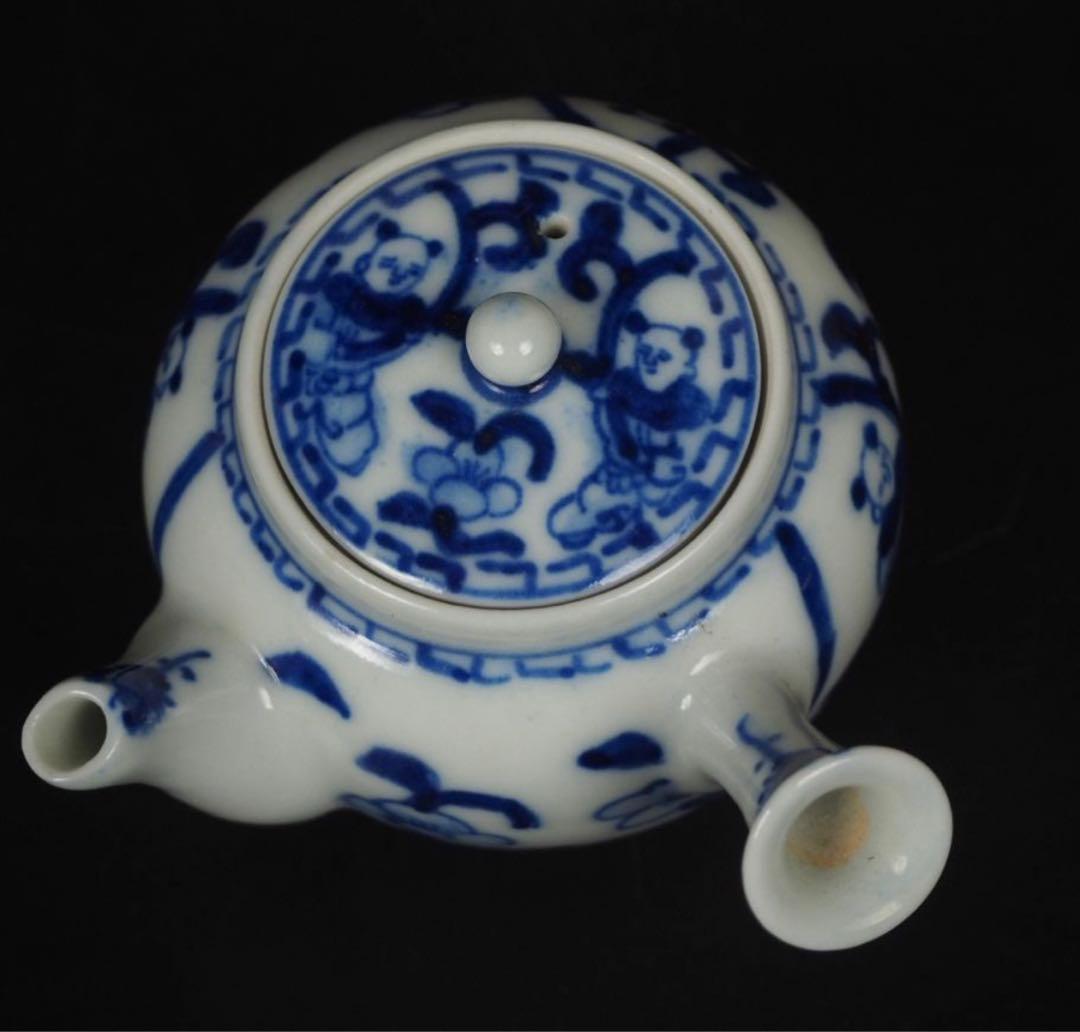 送料無料　大正時代唐子図青華急須　煎茶道具