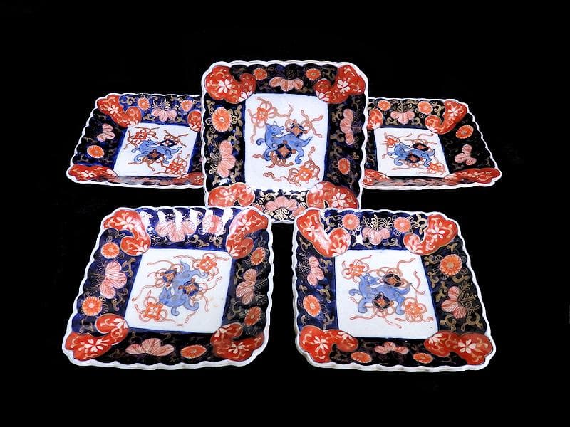 古伊万里　色絵　獅子に七宝紋の図　角皿　5枚　D559AS-BCh
