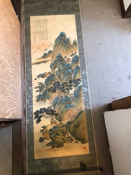 骨董品 掛け軸 美術品 掛軸 昔 骨董 絹本 古い 落款 青緑山水 肉筆