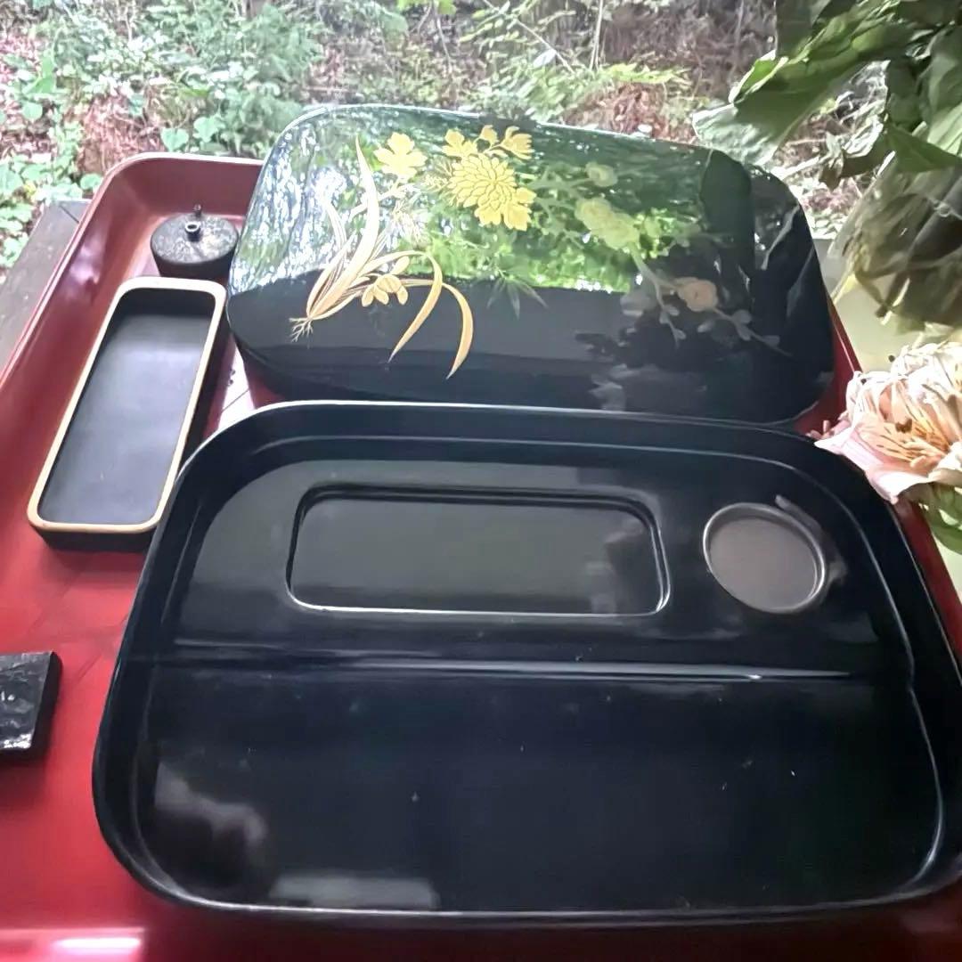 2177様感謝‼️宝石王マダム愛蔵品　天然木 本漆 四君子蒔絵 硯箱水滴硯三点揃い