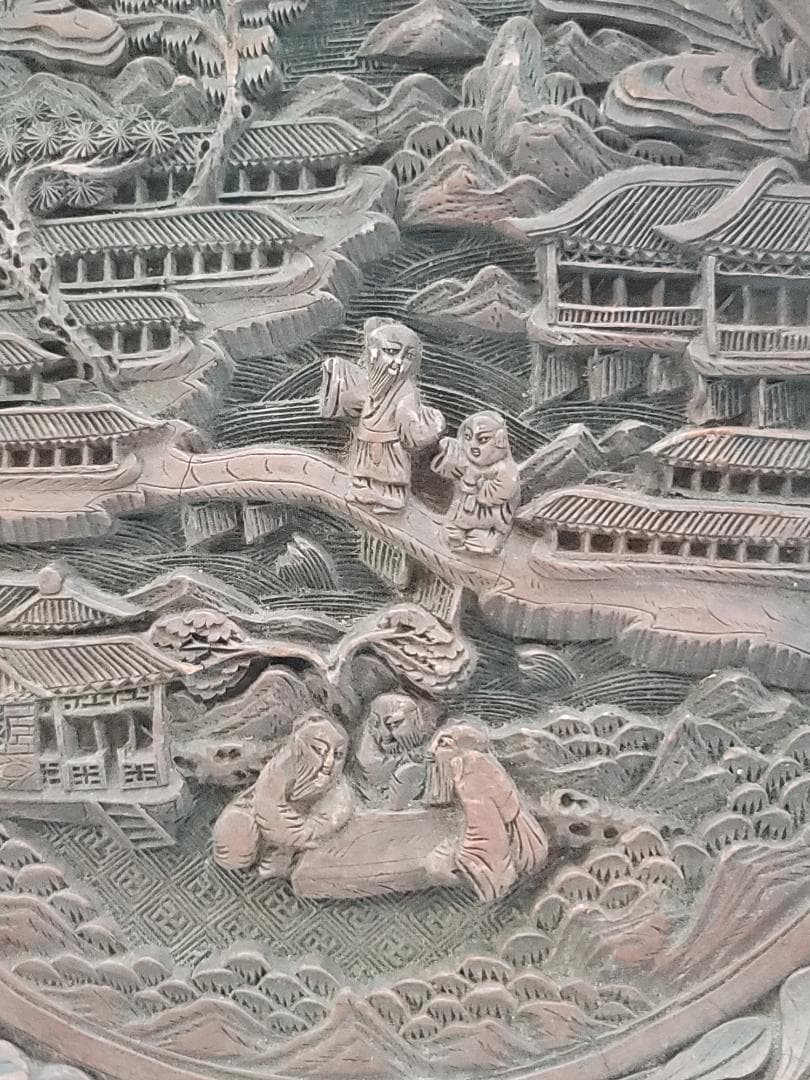 中国美術 銅胎 堆朱 楼閣紋 輪花皿 DT554