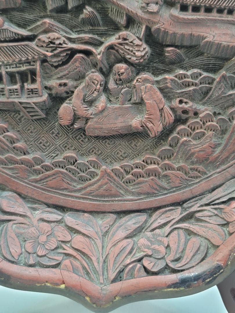 中国美術 銅胎 堆朱 楼閣紋 輪花皿 DT554