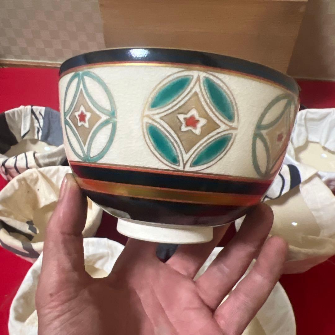 京焼　瑞雲造　仁清写　色絵　七宝繋ぎ数茶碗　十客　共箱