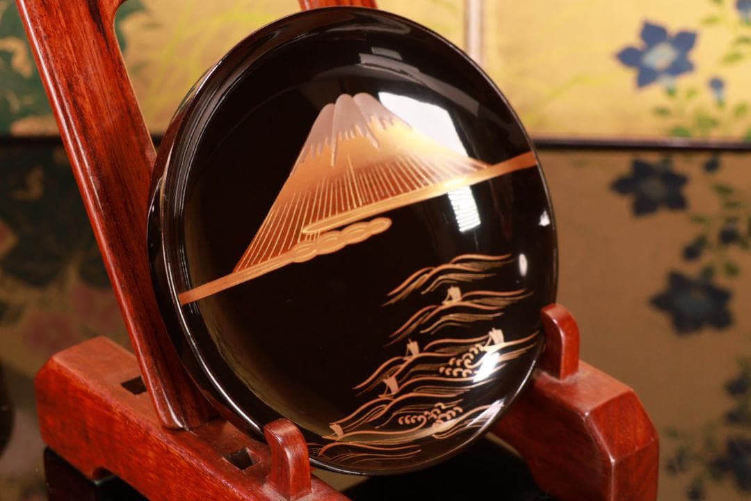 BJ022　時代輪島　雲上富士図金蒔絵　吸物椀　二客　木製　茶道具　懐石　菓子