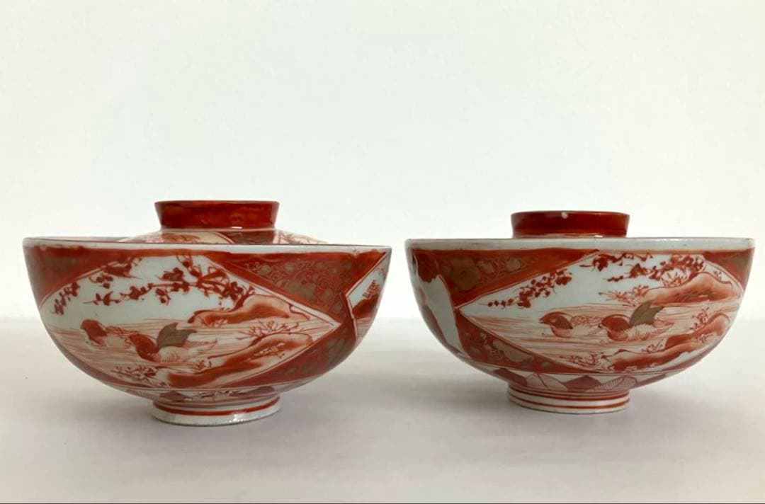 九谷★古九谷★蓋もの★煮物碗★赤絵金彩★窓絵★人物花鳥文★骨董★アンティーク