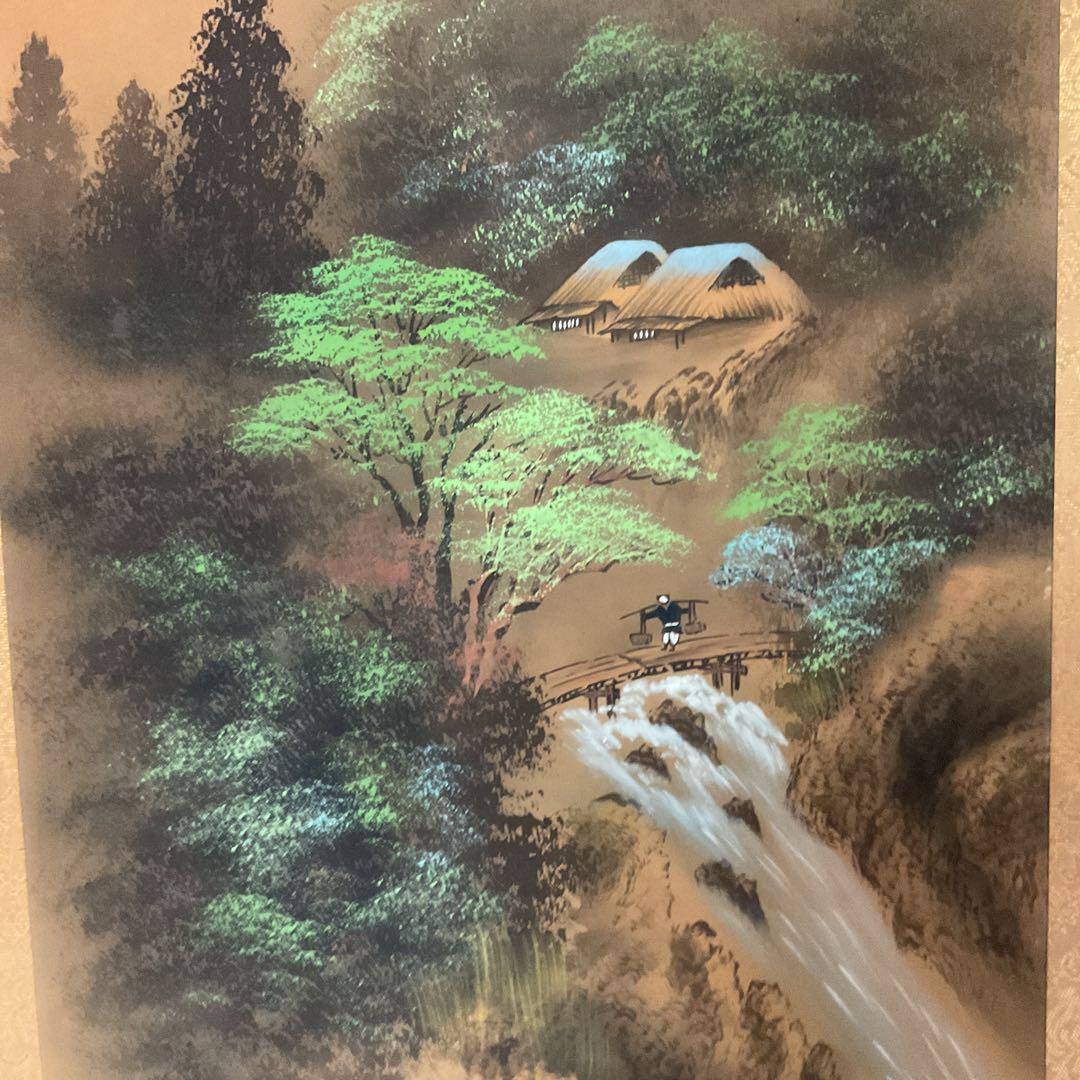 翠 古 筆 絹本 彩色画山水風景図 共箱付 落款印在