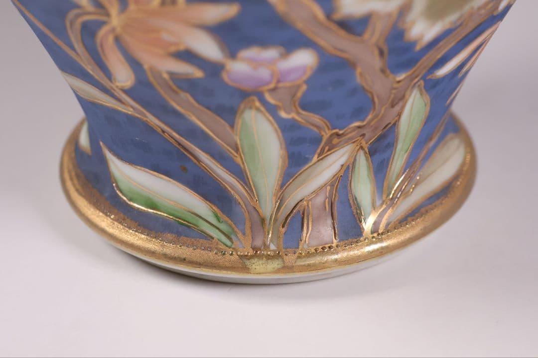 【CM306】オールドノリタケ 草花 花瓶 高17.5cm 金彩 花入 青 明治