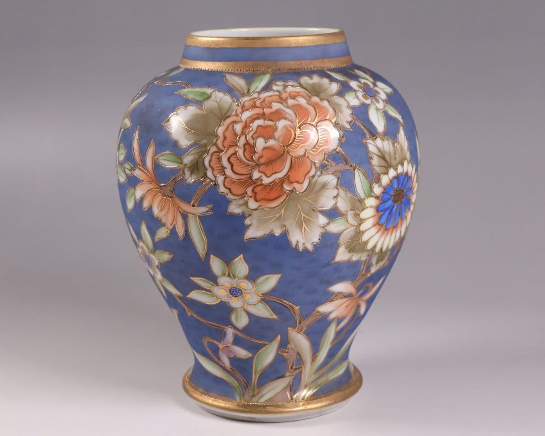 【CM306】オールドノリタケ 草花 花瓶 高17.5cm 金彩 花入 青 明治