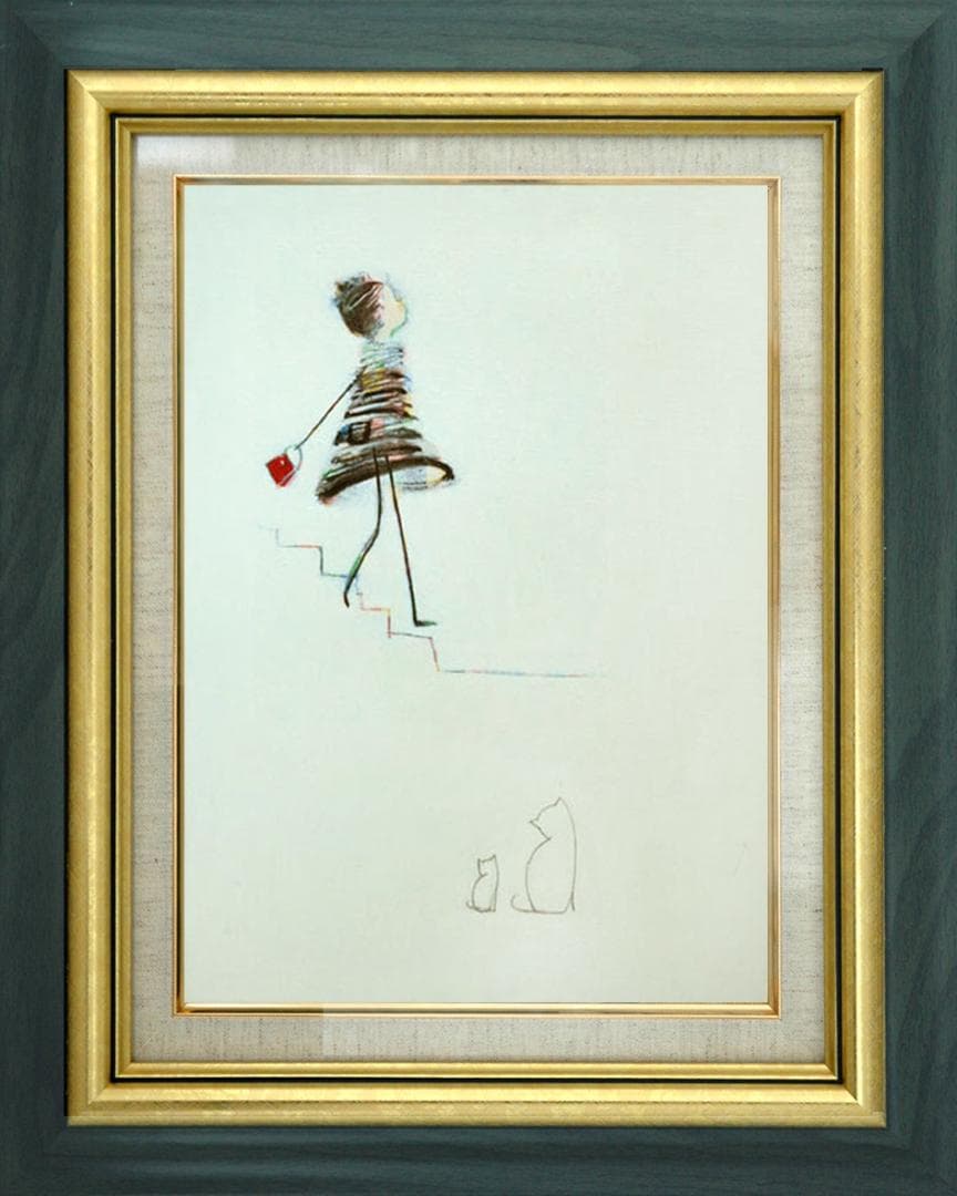 油絵 菅家令子絵 絵画インテリア額付(銀) F4-040214白猫の親子と女の子