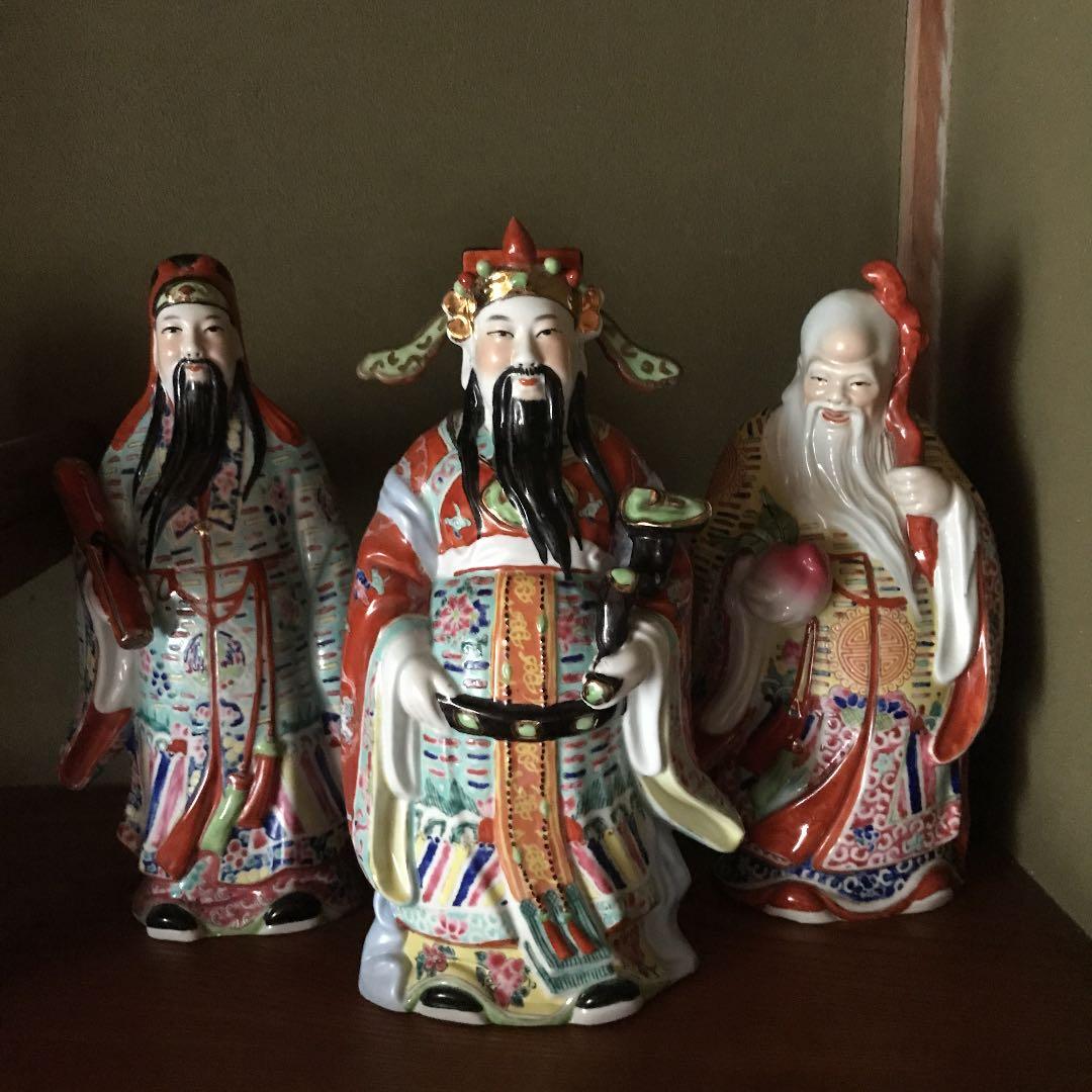 縁起物　福禄寿　彫刻人形　中国古美術　三開仏、幸福・財産・長寿を祈る仏様