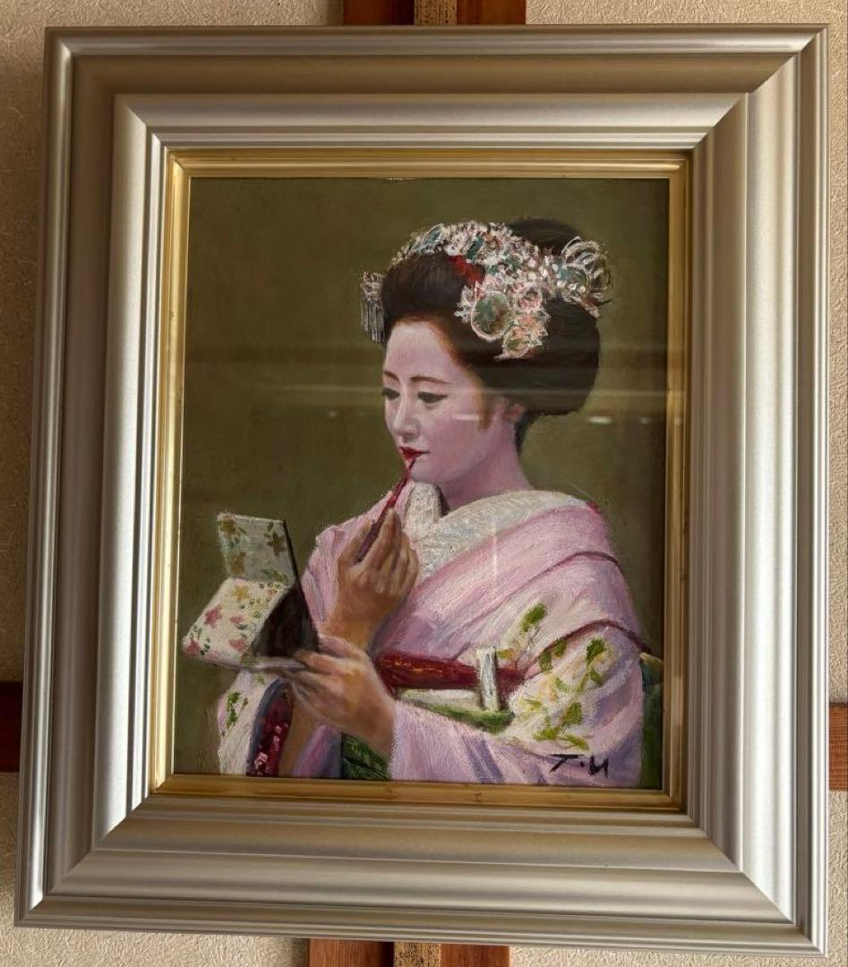 絵画「舞妓 紅をさす」洋画、油絵、3号宇野孝之、箱有り