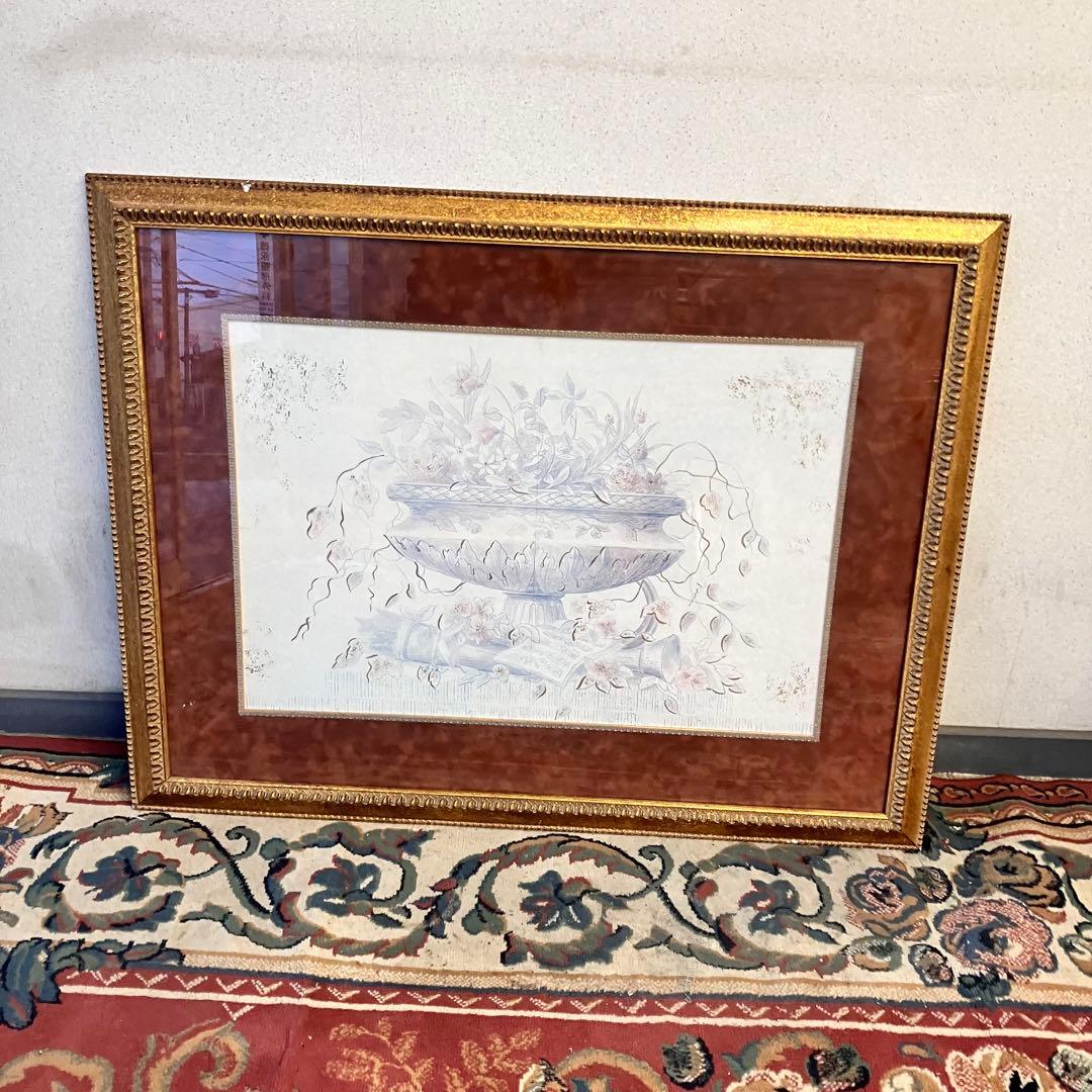 大型絵画 アンティーク 金縁 フラワーポット オブジェ アート 芸術美術 壁掛け