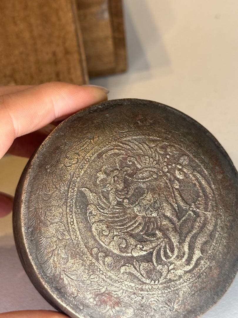 汉時代 銅製 香合　内部緑青有　神鳥文　共箱付　時代物