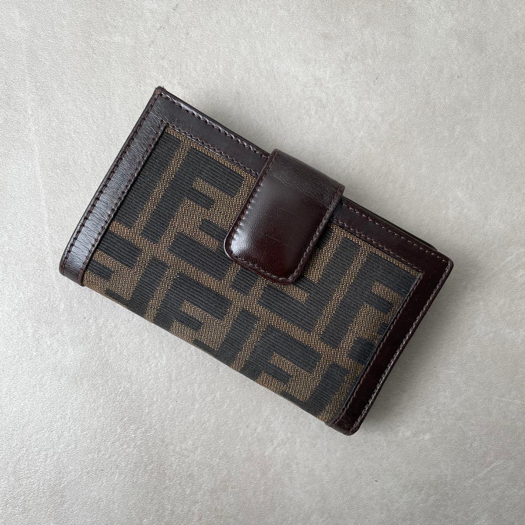 フェンディ FENDI キャンバス レザー がま口 財布 ブラウン 箱付き