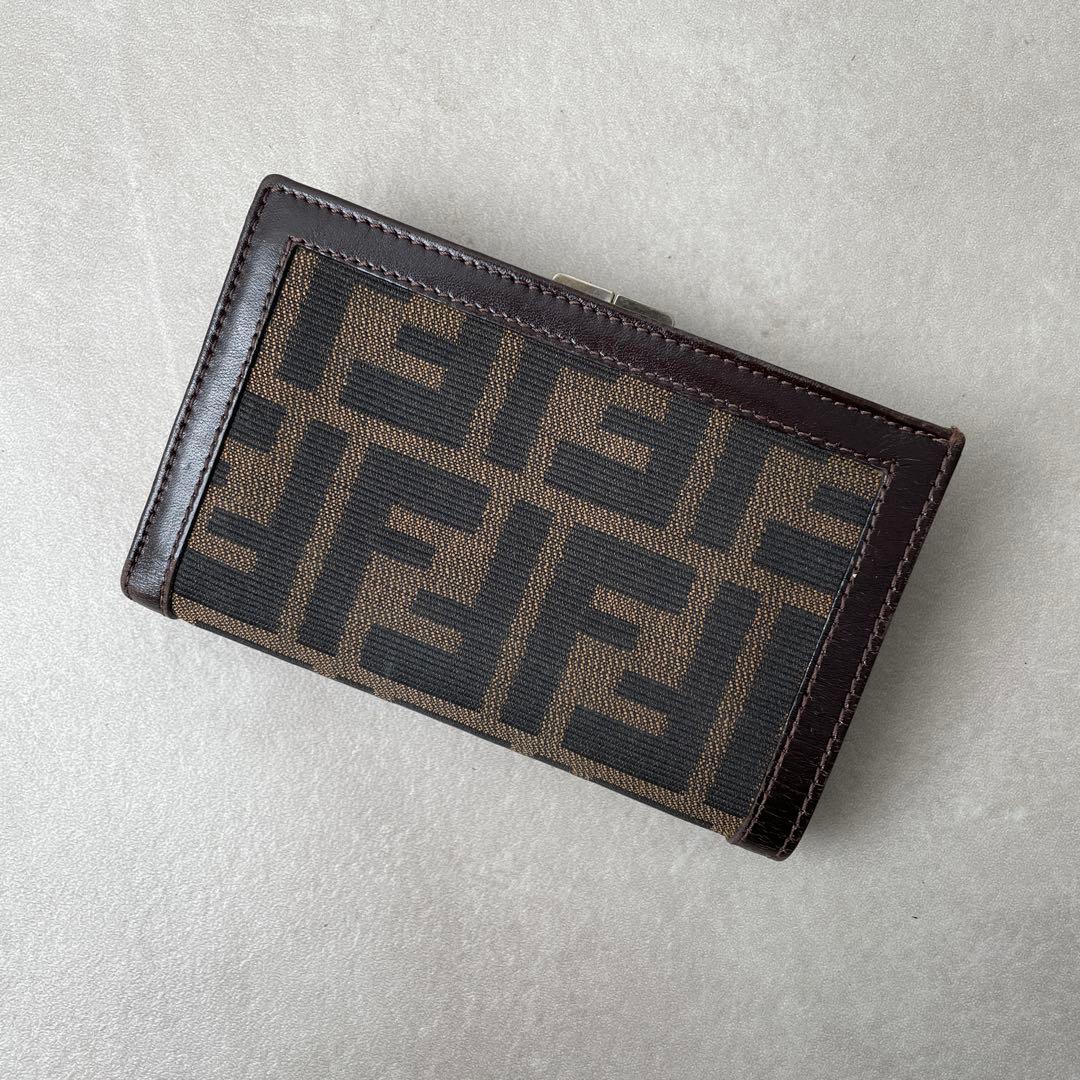 フェンディ FENDI キャンバス レザー がま口 財布 ブラウン 箱付き