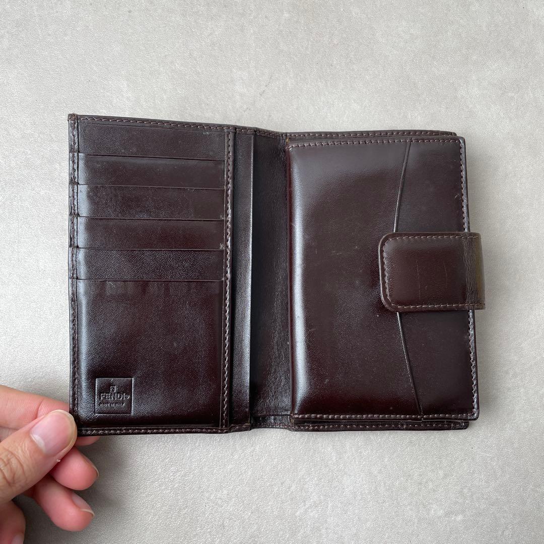 フェンディ FENDI キャンバス レザー がま口 財布 ブラウン 箱付き