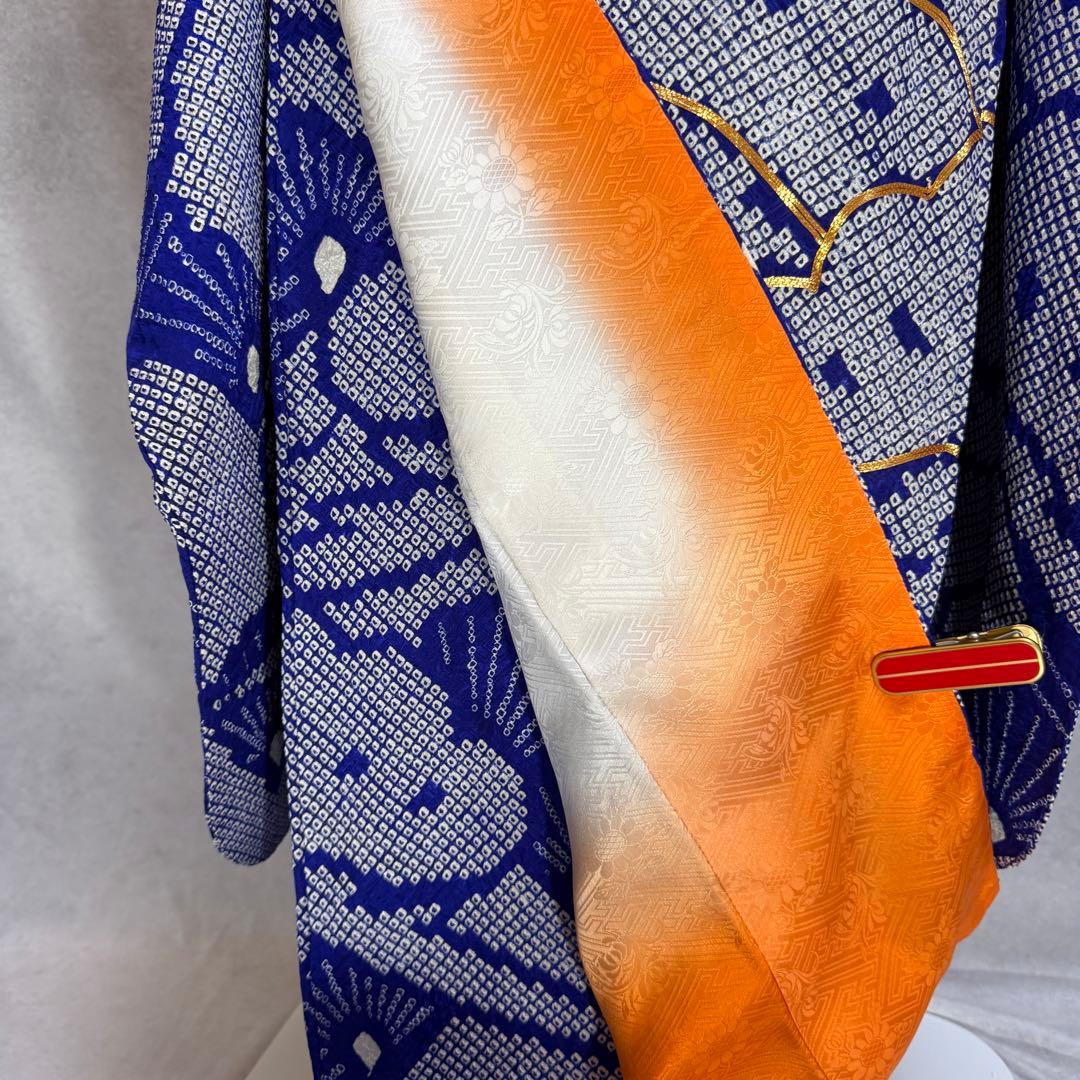 総絞り　美品　振袖六点フルセット　157〜167cm　裄長め　青