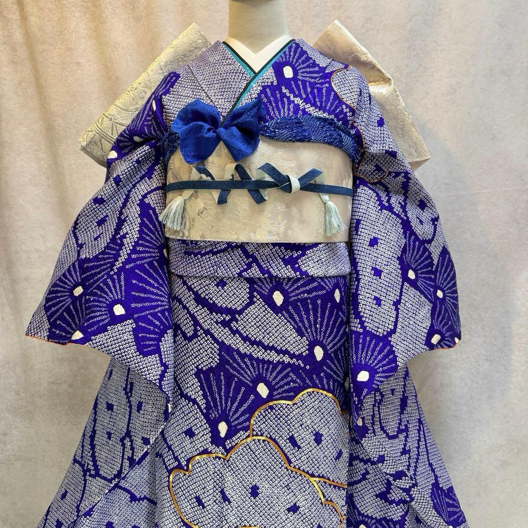 総絞り　美品　振袖六点フルセット　157〜167cm　裄長め　青