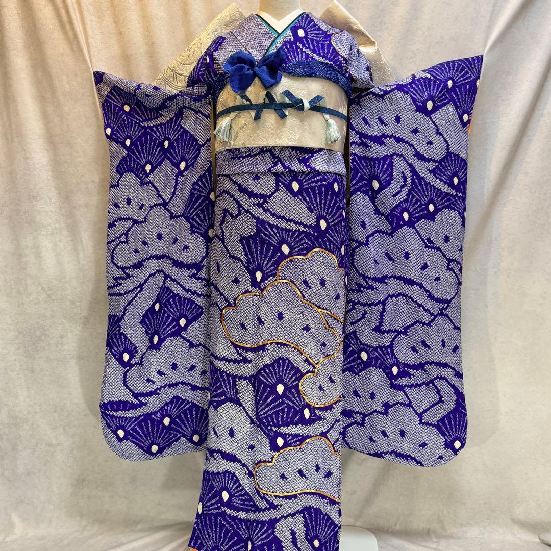 総絞り　美品　振袖六点フルセット　157〜167cm　裄長め　青
