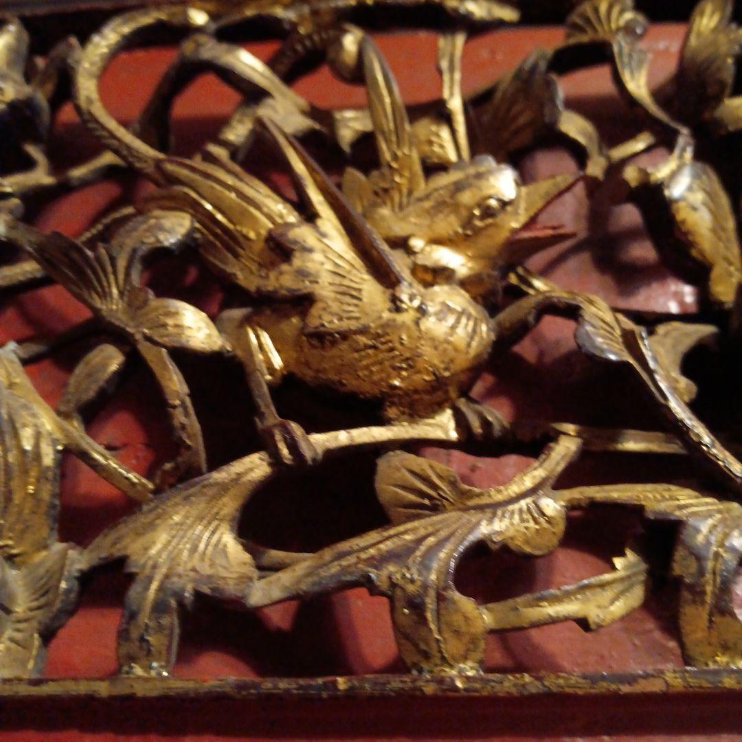 木彫工芸品 花鳥図 透かし彫り 金塗り　オブジェ　アンティーク