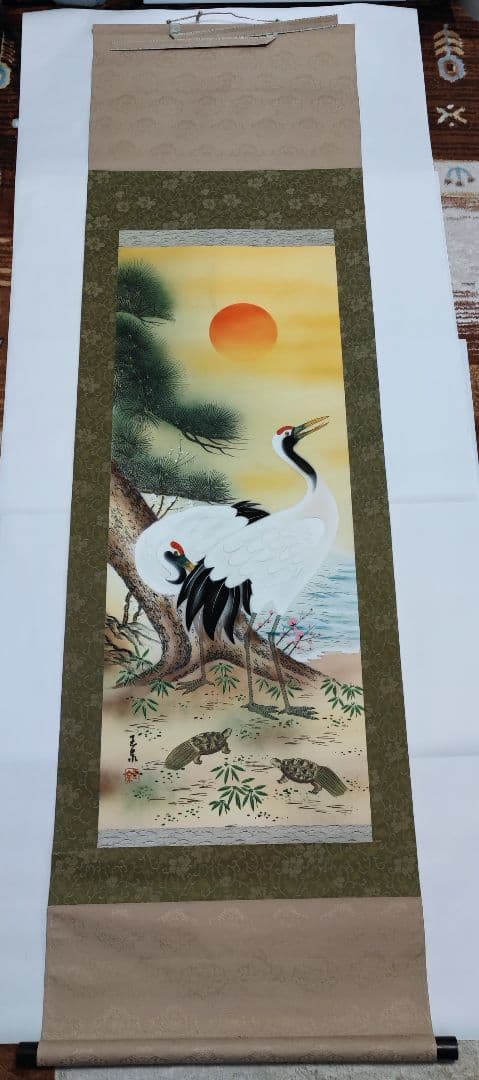 縁起物 掛軸『松竹梅鶴亀』玉泉 共箱 風帯付 掛け軸【プロフ割引情報有】