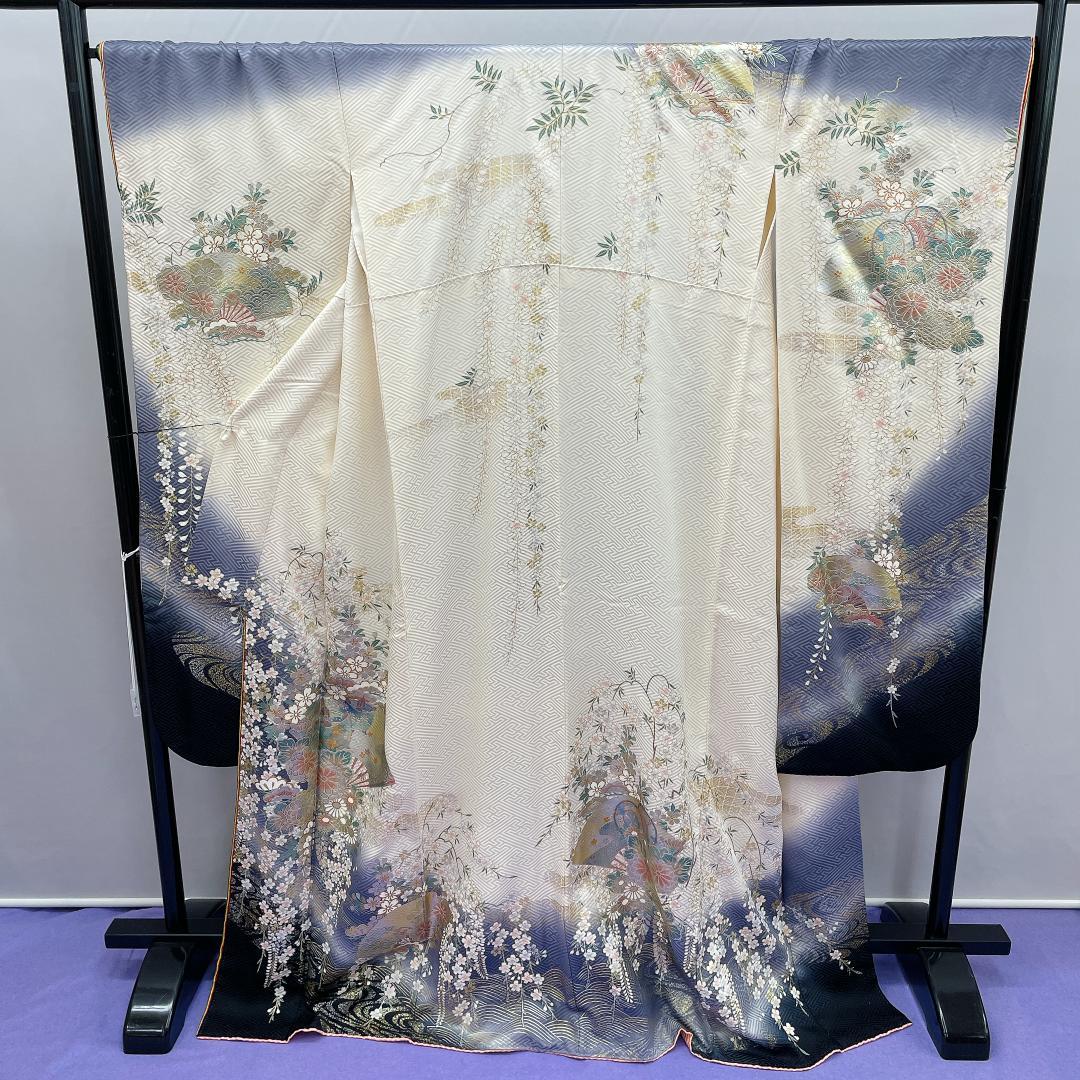 Y★3883★ 振袖 襦袢付き 袷 クリーム色 花柄 レトロ品