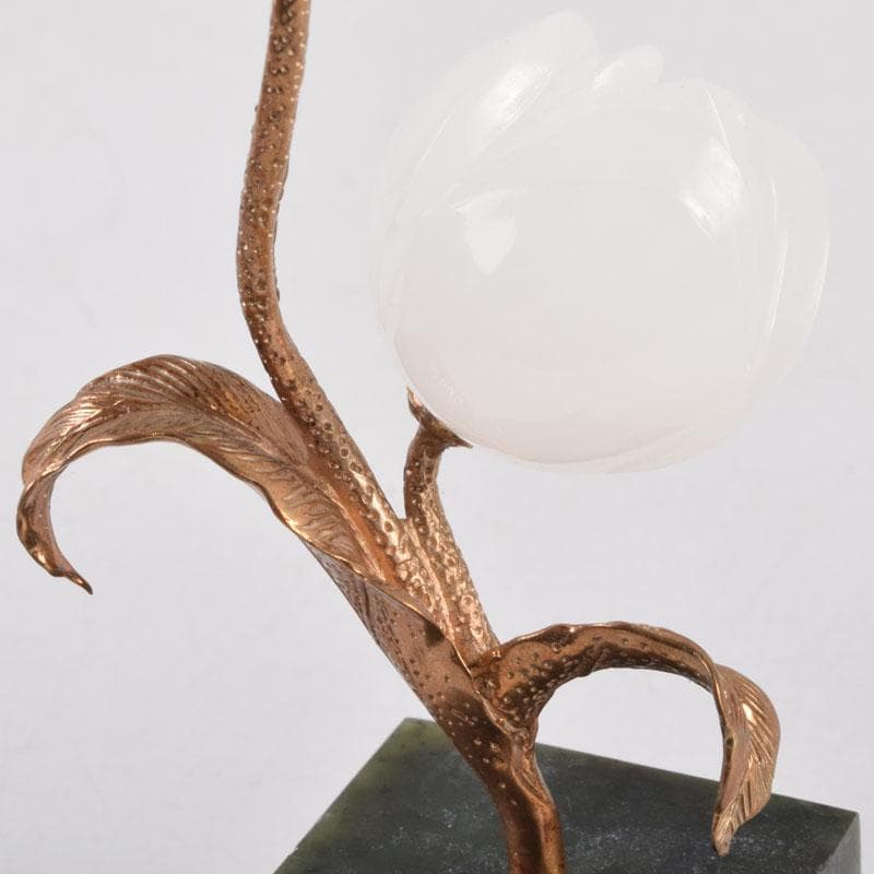 中国　松源工芸　玉石白玉彫刻　花　置物　証書・ケース・箱付　C　9108