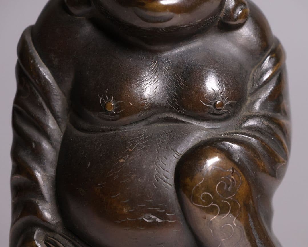 時代 銅製 晴珉造 布袋像 18.4cm 明治金工 置物 七福神 縁起【M415