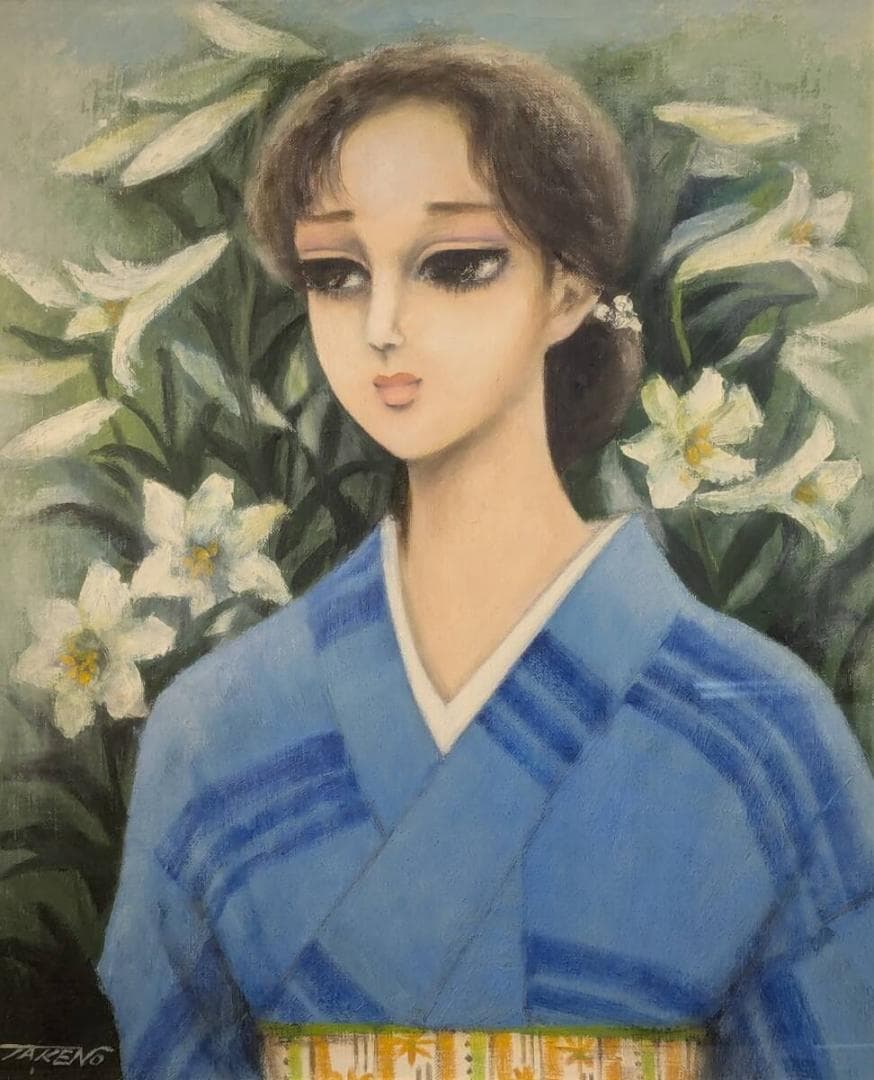 【真作】絵画　水落たけ乃　油彩8号　初夏　青き装いの麗人　和装美人画　U176