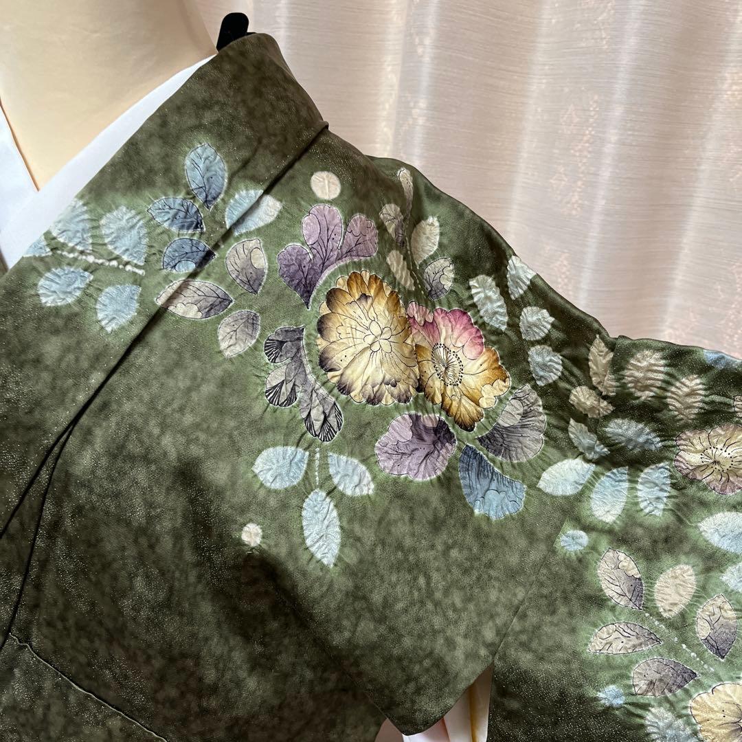 豪華 濃く深い緑からエメラルドグリーンの染め分け 辻ヶ花訪問着 作家物落款あり