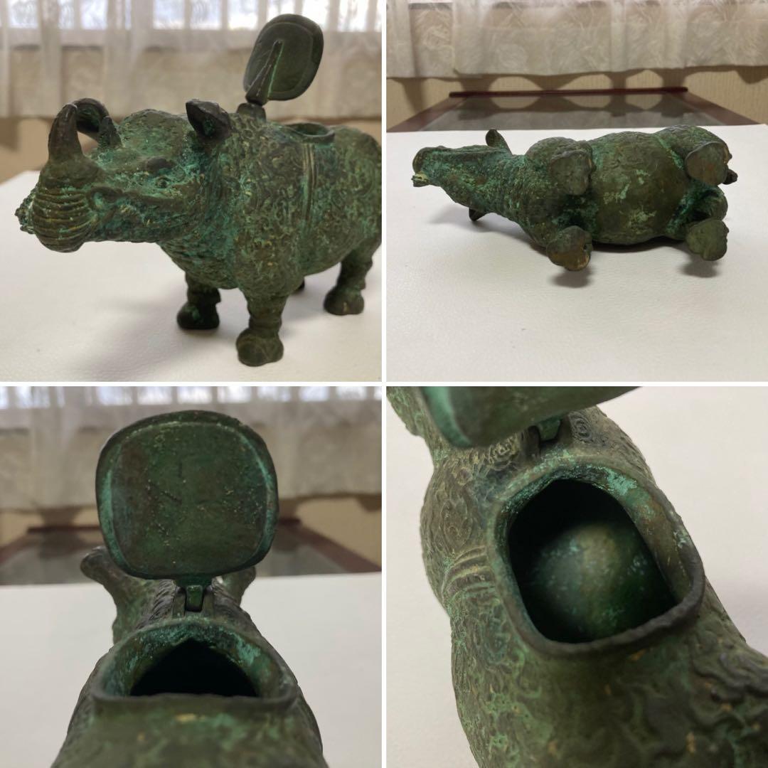 古いサイの置物 動物 銅製 オブジェ 香炉 工芸品 古美術 骨董品 レトロ