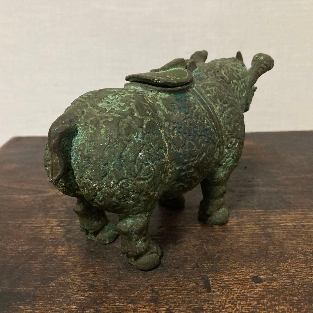 古いサイの置物 動物 銅製 オブジェ 香炉 工芸品 古美術 骨董品 レトロ