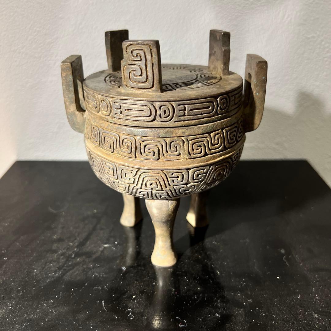 【骨董品】三足沖天耳香炉　銅製