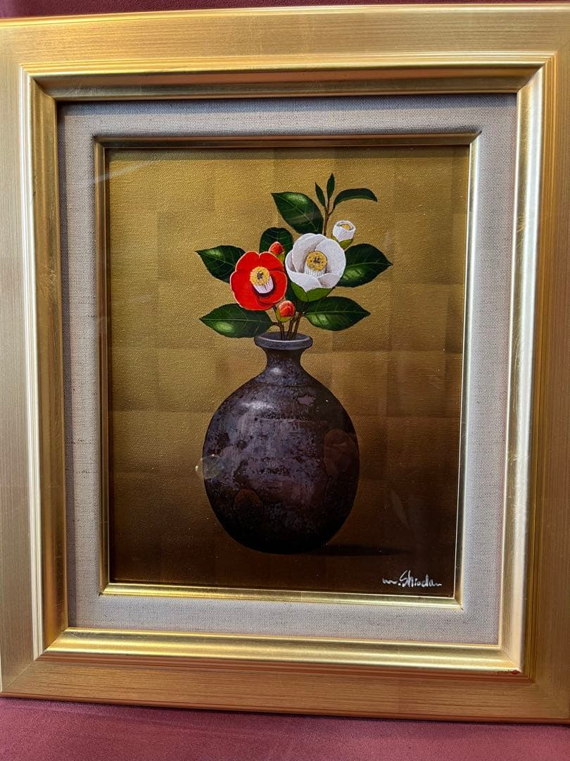 塩田満男画伯　真筆　【椿3号】開運花絵　油絵