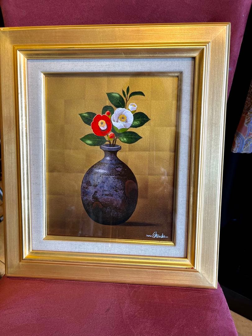 塩田満男画伯　真筆　【椿3号】開運花絵　油絵