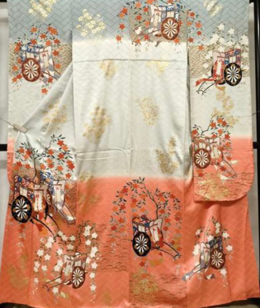 振袖フルセット6点特価　サイズM〜Ｌ　正絹　御所車　売り切り終了