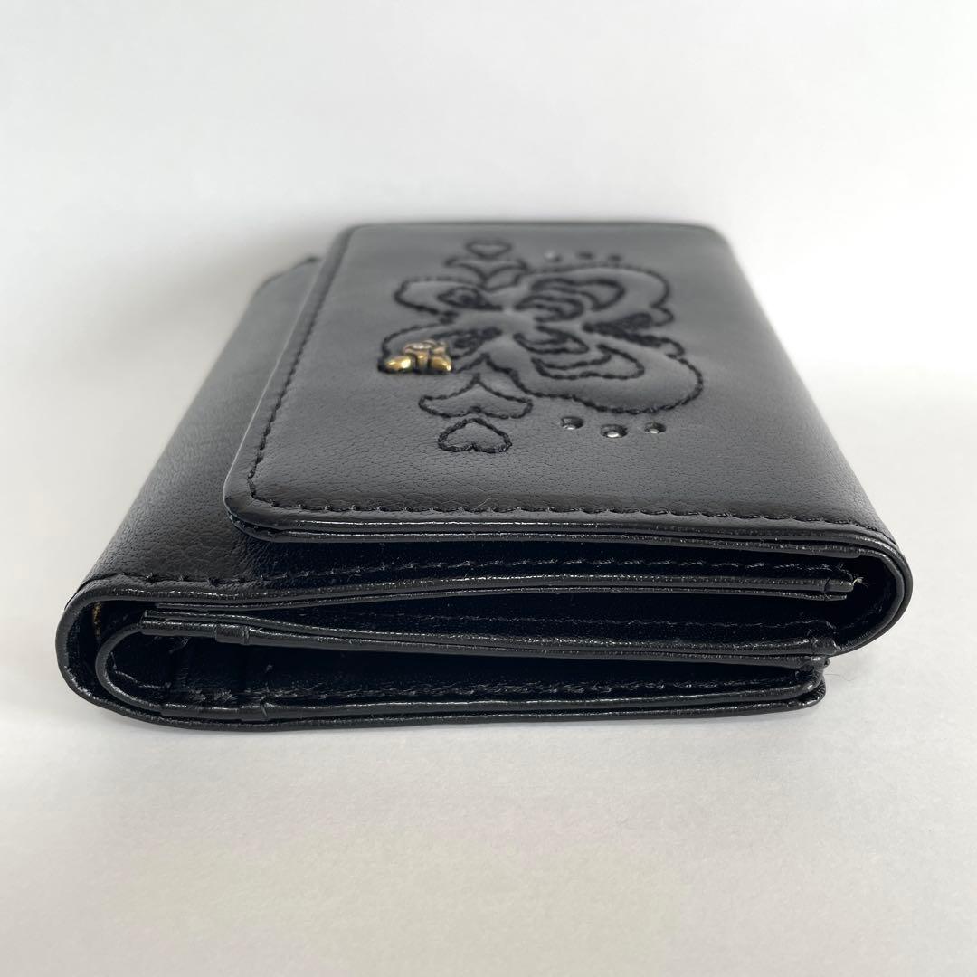 極美品 ANNA SUI 二つ折り財布 黒 レザー バタフライ 蝶 コンパクト