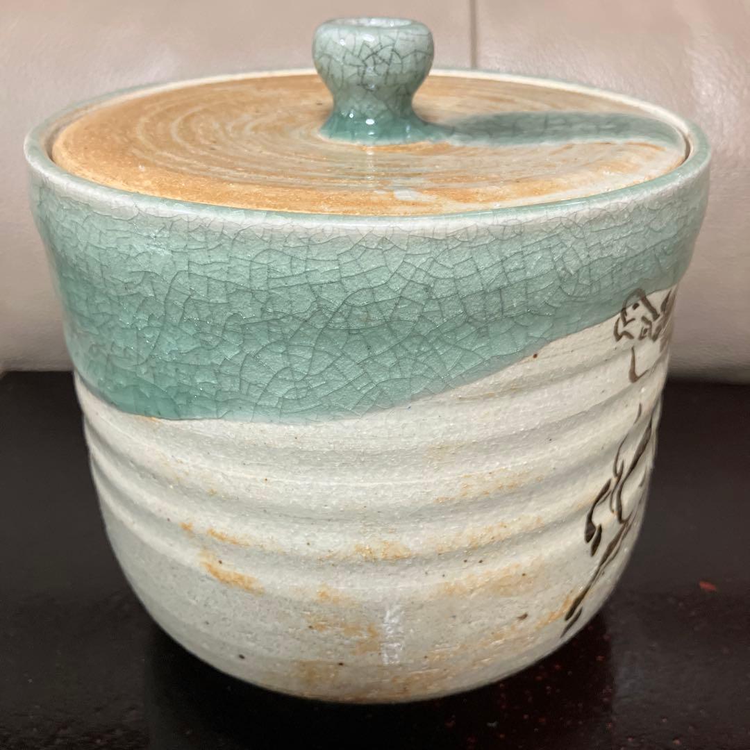 相馬焼　明月窯　馬の絵柄の青緑色水差し