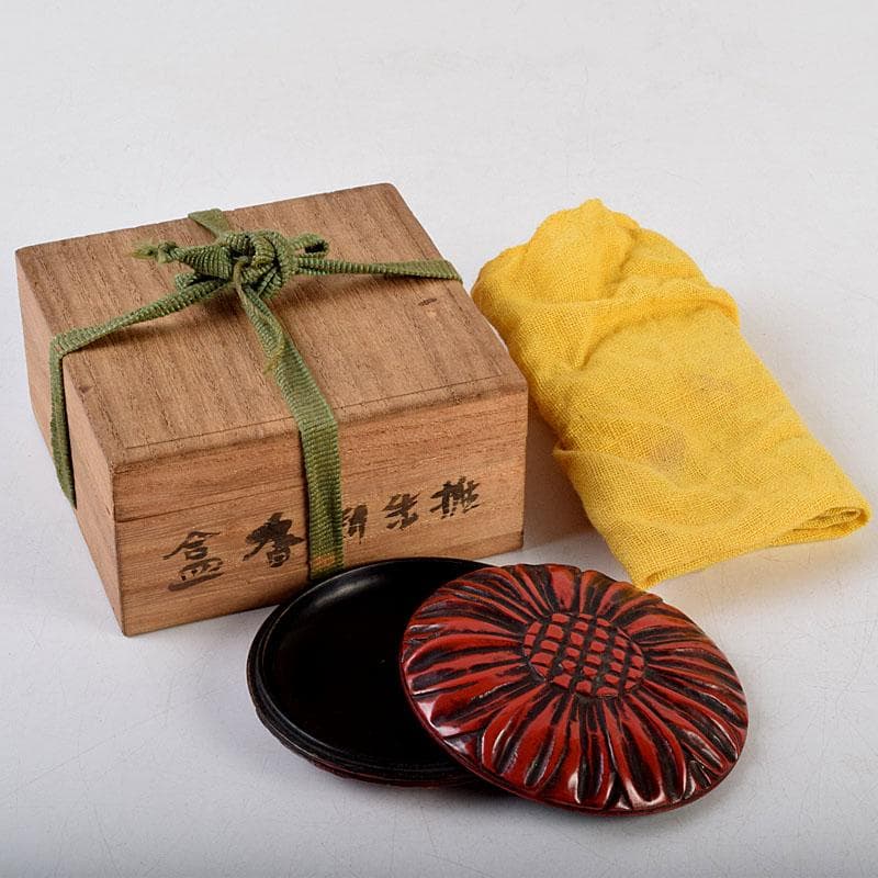 茶道具　剔紅　堆朱　花彫香合　時代箱　V　9267