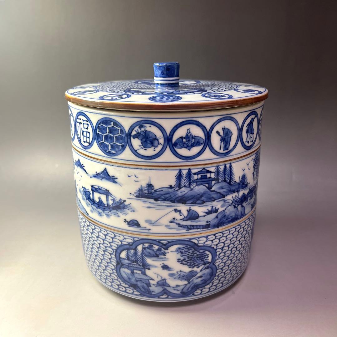 茶道具 青華 福禄寿 胴紐 祥瑞写 水指 平安 高野昭阿弥 造 ／ 染付 京焼