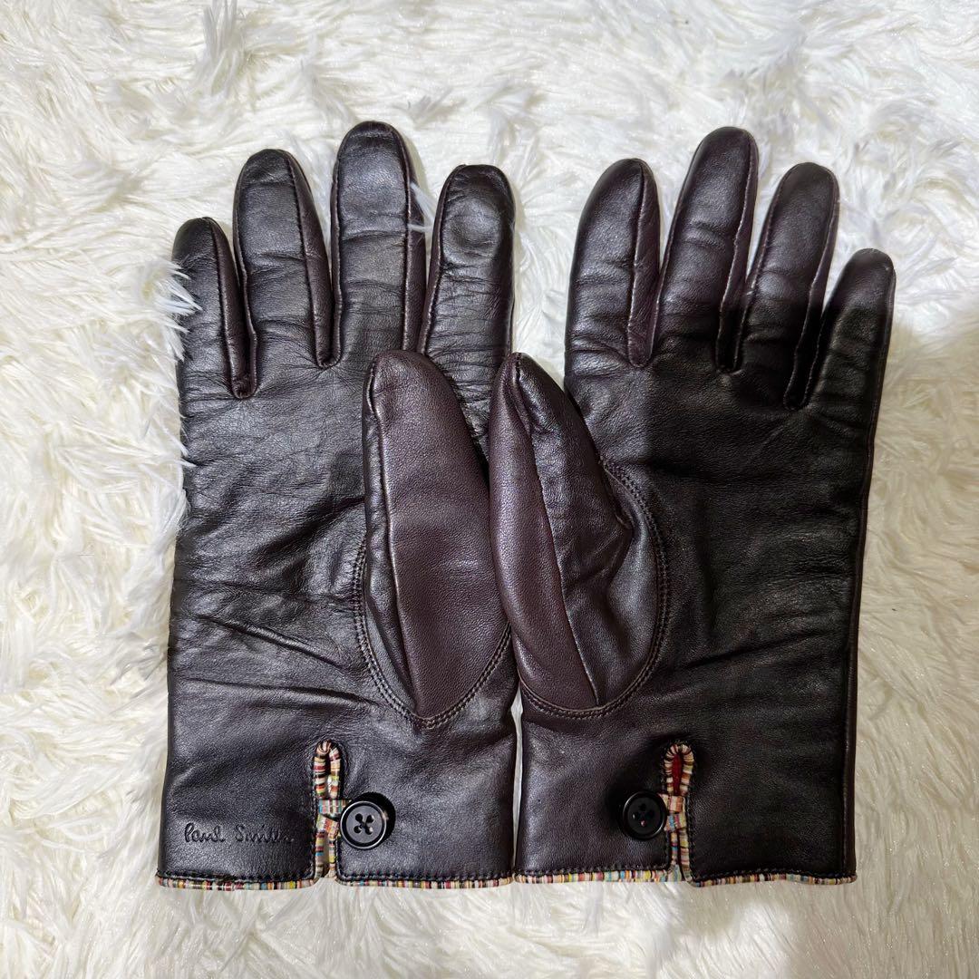 【美品】Paul Smith ポールスミス ラムレザー 手袋 カシミヤ ブラウン