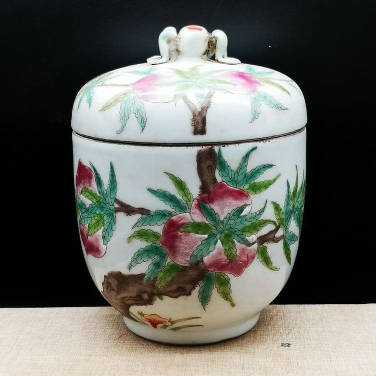 民国粉彩九桃五福紋蓋缶 現代工芸品 美術品 置物